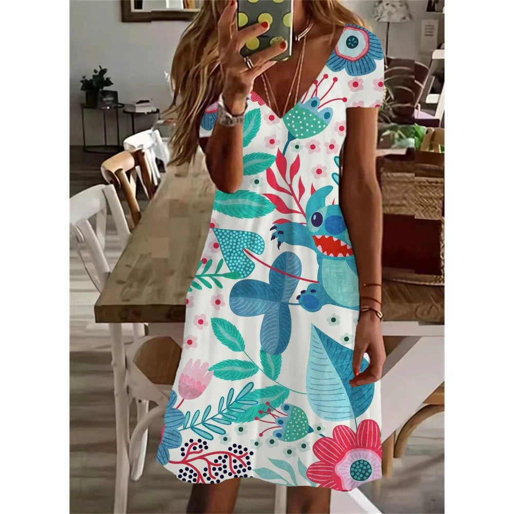 thumbnail image 1 of Vestido elegante informal con cuello en V y largo hasta la rodilla con estampado de Lilo y Stitch de Disney para mujer de verano Y2K 2024, 1 of 5