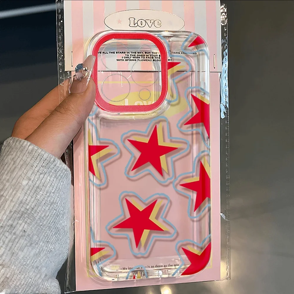 Ins Korea Red Stars Handyhülle für iPhone 17 16 15 14 13 12 11 Pro Max Mini SE 7 8 Plus 17E Stoßfeste Transparente Schutzhülle Funda