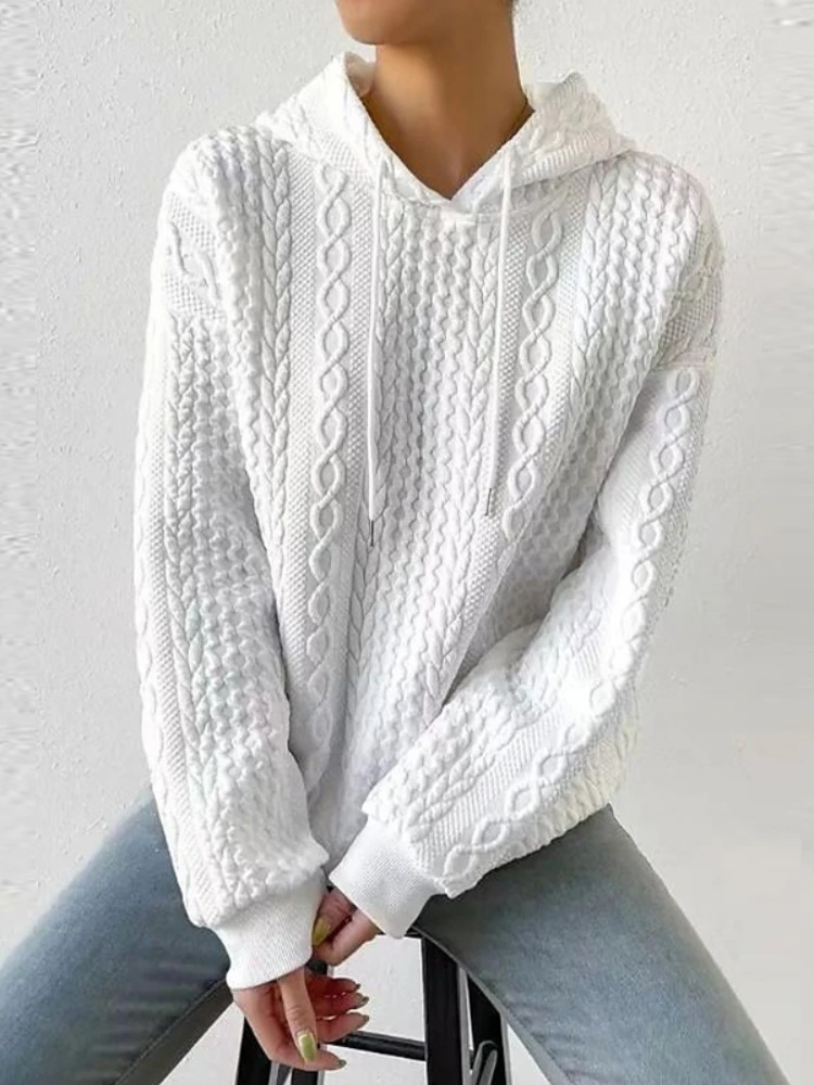 

Fashion Casual Solid Color Office Top Female Sweatshirt Pullover Autumn Women Long Sleeve Jacquard Pattern Knitted Jumper Hoodie