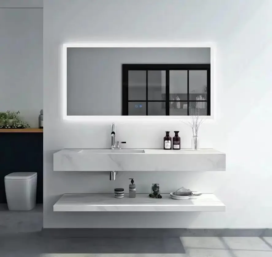 Modern Design Plywood Bathroom Vanity Cabinet With LED Smart Mirror And Basin Sink For Villas