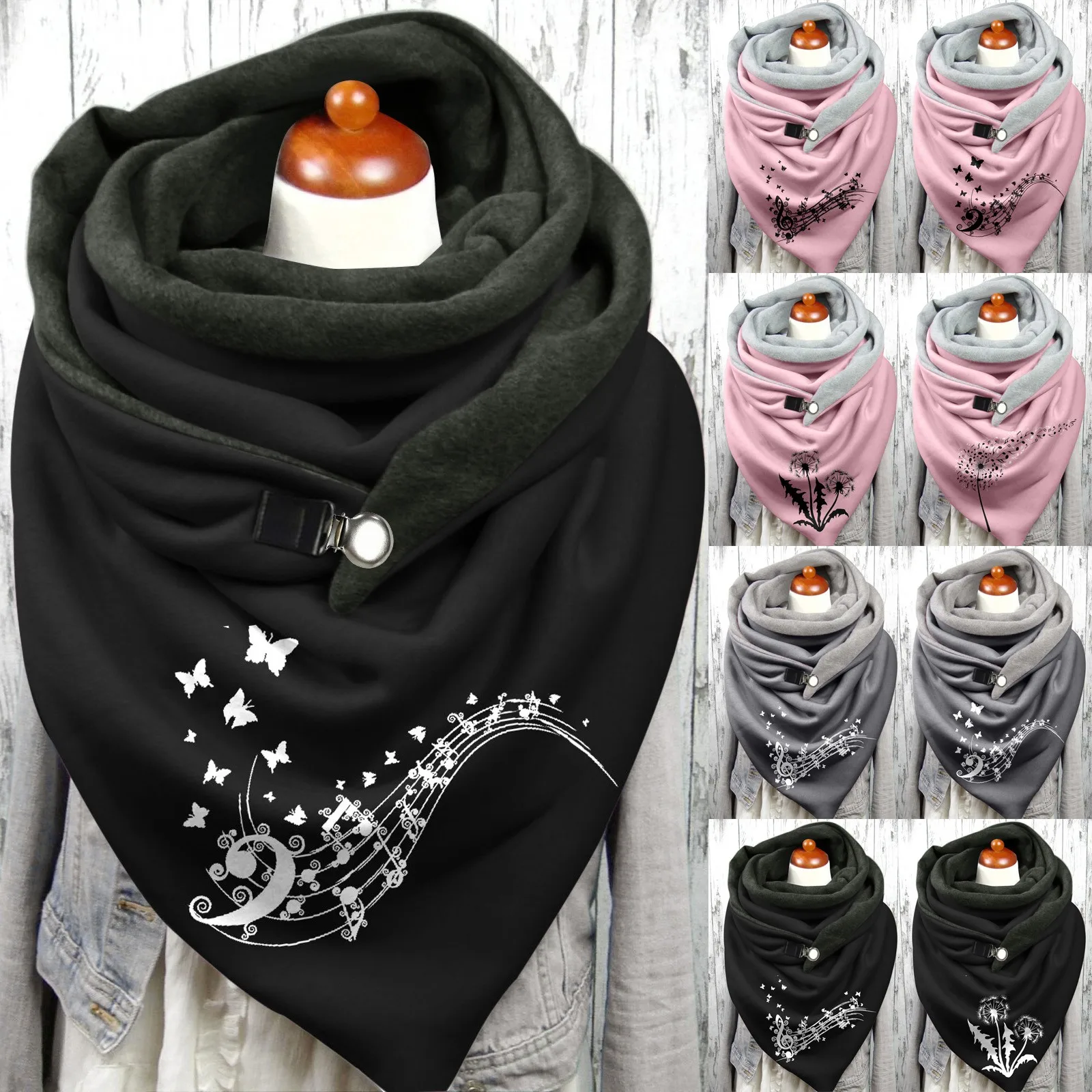 

New Fashion Winter Women Scarf Funny Butterfly Flower Printing Button Soft Wrap Casual Warm Scarves Shawls Women Cotton Scarves