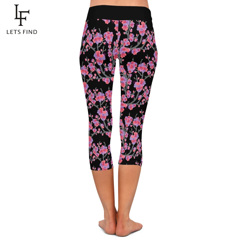 LETSFIND Summer New 220gsm Milk Silk Cherry Blossom Flowers Print Capri Leggings High Waist Soft Stretch Legings