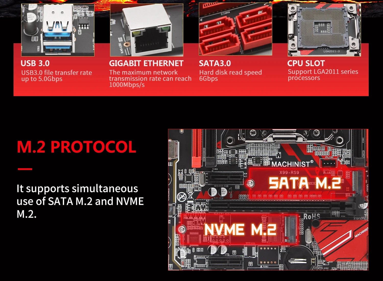 Description Picture 4 of itemMACHINIST X99 Used Motherboard LGA 2011-3 Support Intel Xeon E5 V4 v3 series CPU processor DDR4 RAM Memory NVME M.2 M-ATX RS9