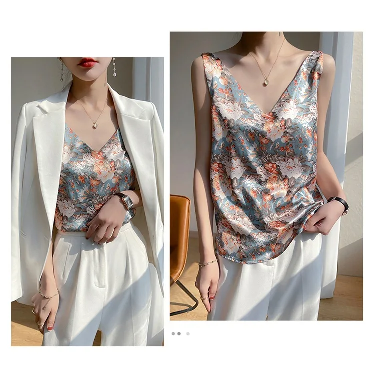 Niche Design Western style Silk Camisole Women's V neck Floral Print