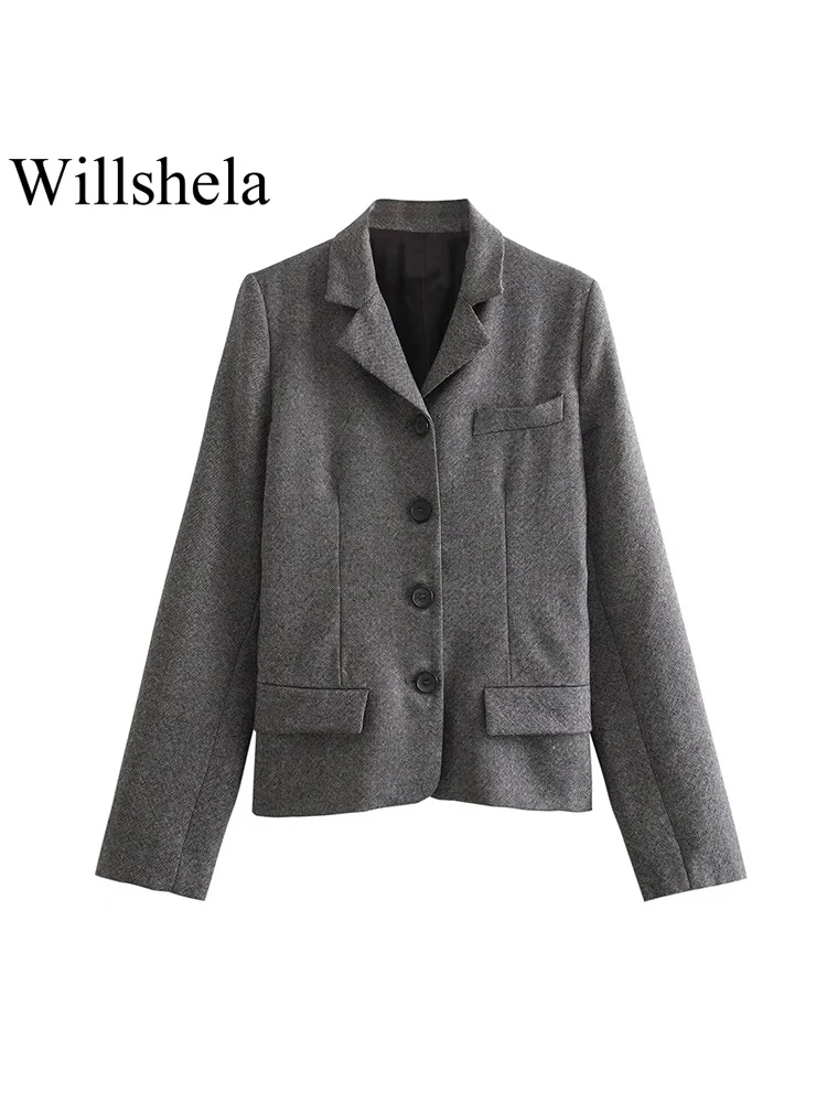 

Willshela Women Fashion With Pockets Grey Single Breasted Blazer Vintage Notched Neck Long Sleeves Female Chic Lady Outfits