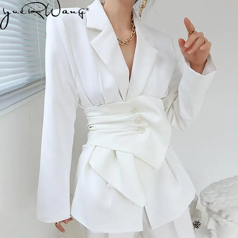 

yuerwang Women Blazer Temperament White Ladies Suit Coat Full Sleeve Single Breasted Long Female Jackets With Cummerbunds 2021