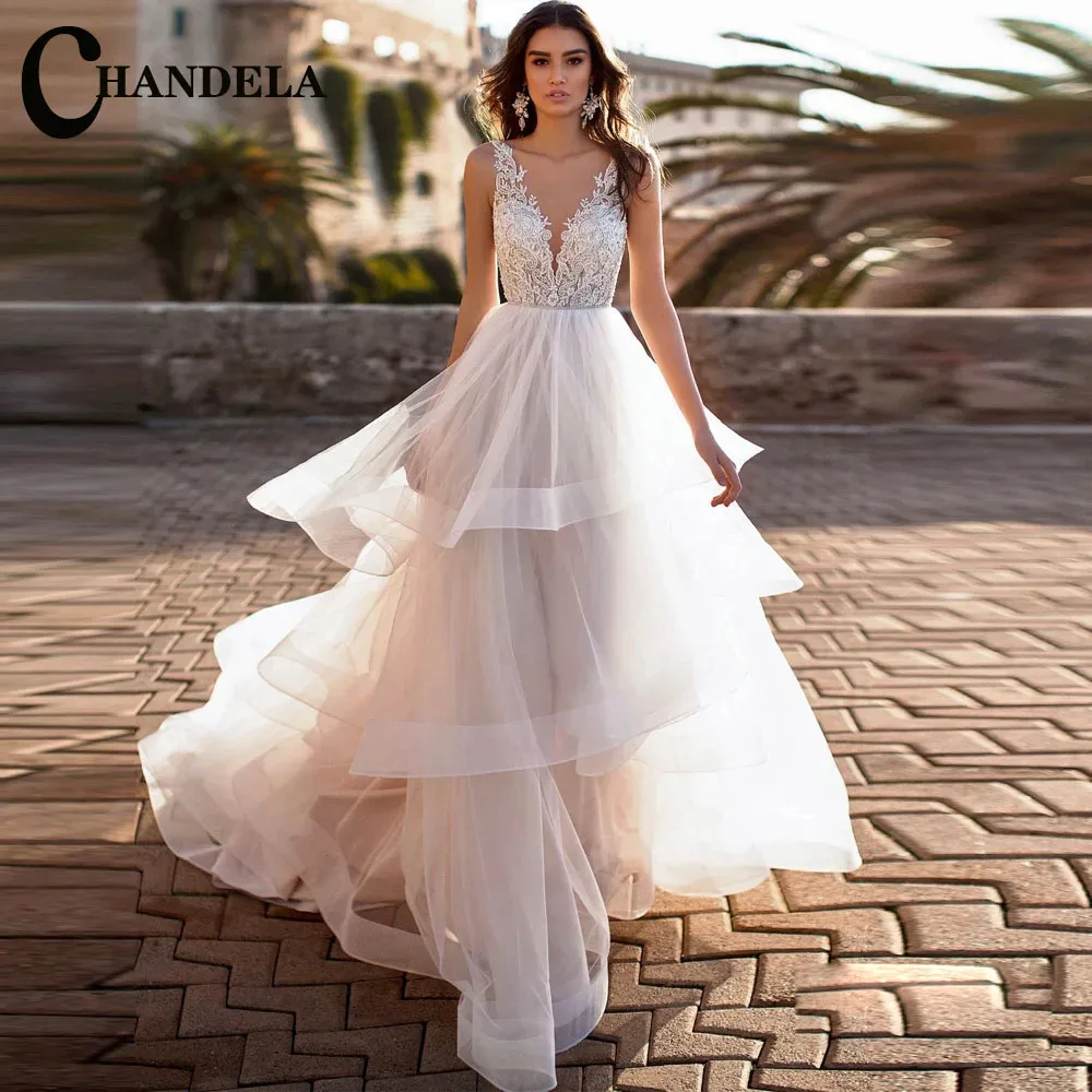 

CHANDELA Attractive V Neck Wedding Dresses Appliques Lace Tiered Dress Tulle Sweep Train PleatAbito Da Sposa Made To Order