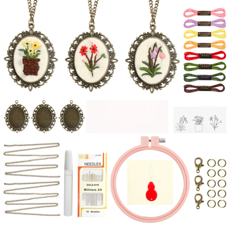 ערכת חומר רקמה לתלייה בעצמך ערכת רקמה מיני פרחונית ערכת שרשרת תליון ערכת רקמה לתלייה למתחילים