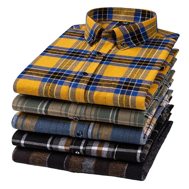 2024 Spring and Autumn Pure Cotton Wool Plaid Shirt Young and Middle-aged Loose Casual Non-ironing Cotton Men's Shirt Fashion