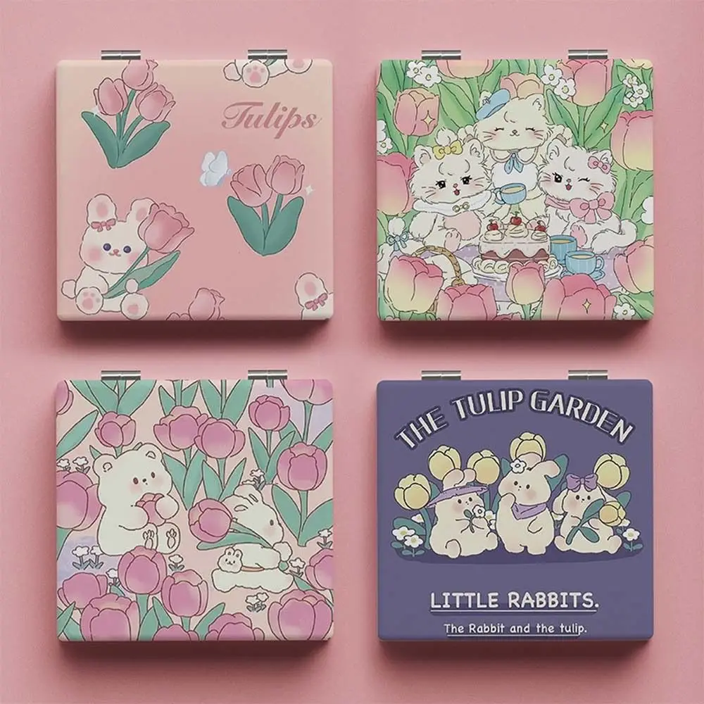 

Portable Double-Sided Folding Makeup Mirror Tulip Square Magnifying Mirror Pocket Compact Vanity Handheld Mirror Student Mirrors