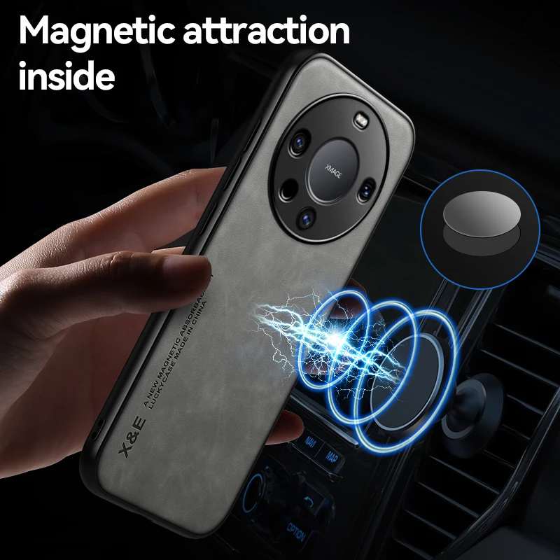 Luxury Leather Magnetic Phone Case with Metal Plate Holder