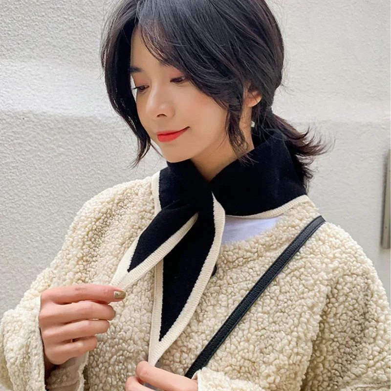 

Korean Soft Winter Woolen Knit Elastic Bow Cross Warm Scarf Female Solid Color Triangular Scarve False Collar Neck Guard Bib