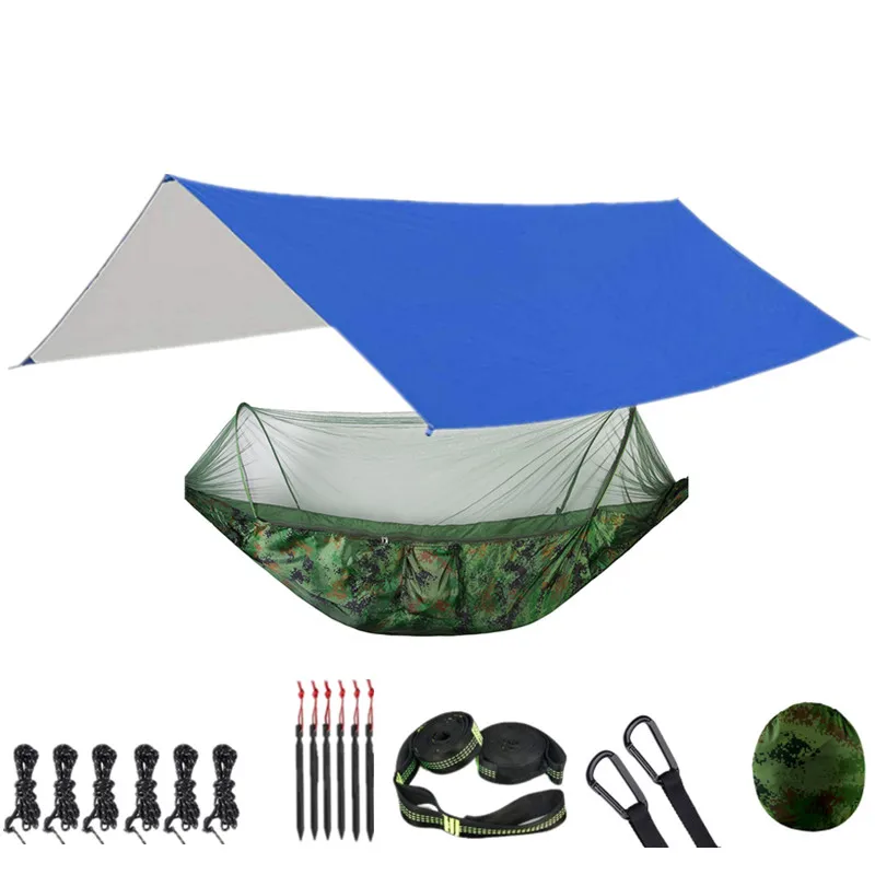 Portable Parachute Outdoor Camping Hammock with Mosquito Net and 118x118in Rain Fly Tarp,10-ring Tree Strap Hammocks Swing 