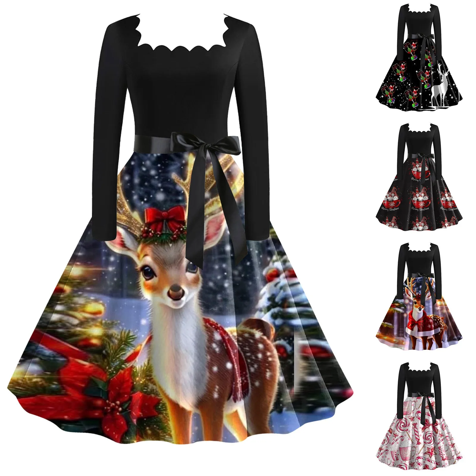 Vestido Vintage De Manga Larga Para Mujer - Estampado Navideño, Estilo Retro Rockabilly, Corte A-line, Con Cordones