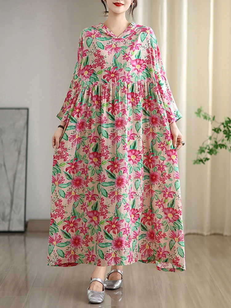 2025 Autumn New Long Sleeve Hooded Floral Print Vintage Long Dresses For Women Casual Loose Elegant Dress Femme Robe Clothing