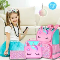 3PCS Backpack for Girls and Boys 15" Kids Sequin Bookbag with Lunch Box Unicorn Dinosaur Cat Pink Purple Blue Green School Bag 4