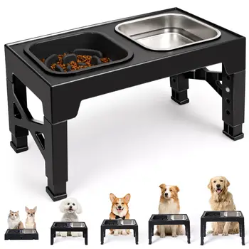 2-in-1 Elevated Slow Feeder Dog Bowls, Non-Slip Stainless Steel/Plastic/ Pet Food & Water Bowls with Foldable Stand 1