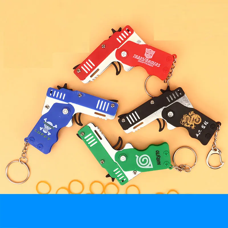 1 mini toy gun key chain 60 rubber band folding rubber band gun shooting pistol Alloy Key Charm Pendant 2