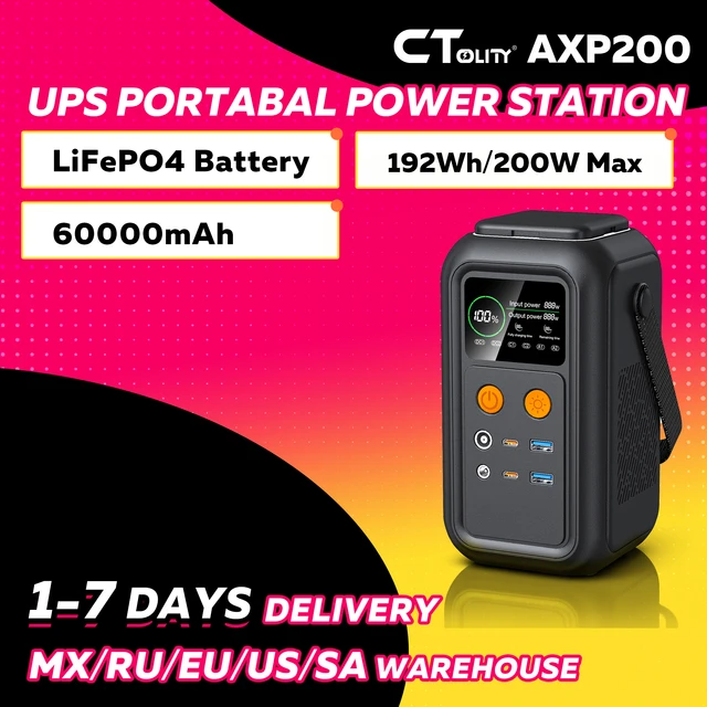 Générateur solaire portable CTOLITY AXP200 200W, station d'alimentation 192Wh, batterie Lifepo4, banque d'alimentation pour le camping, alimentation de secours 140W PD 1