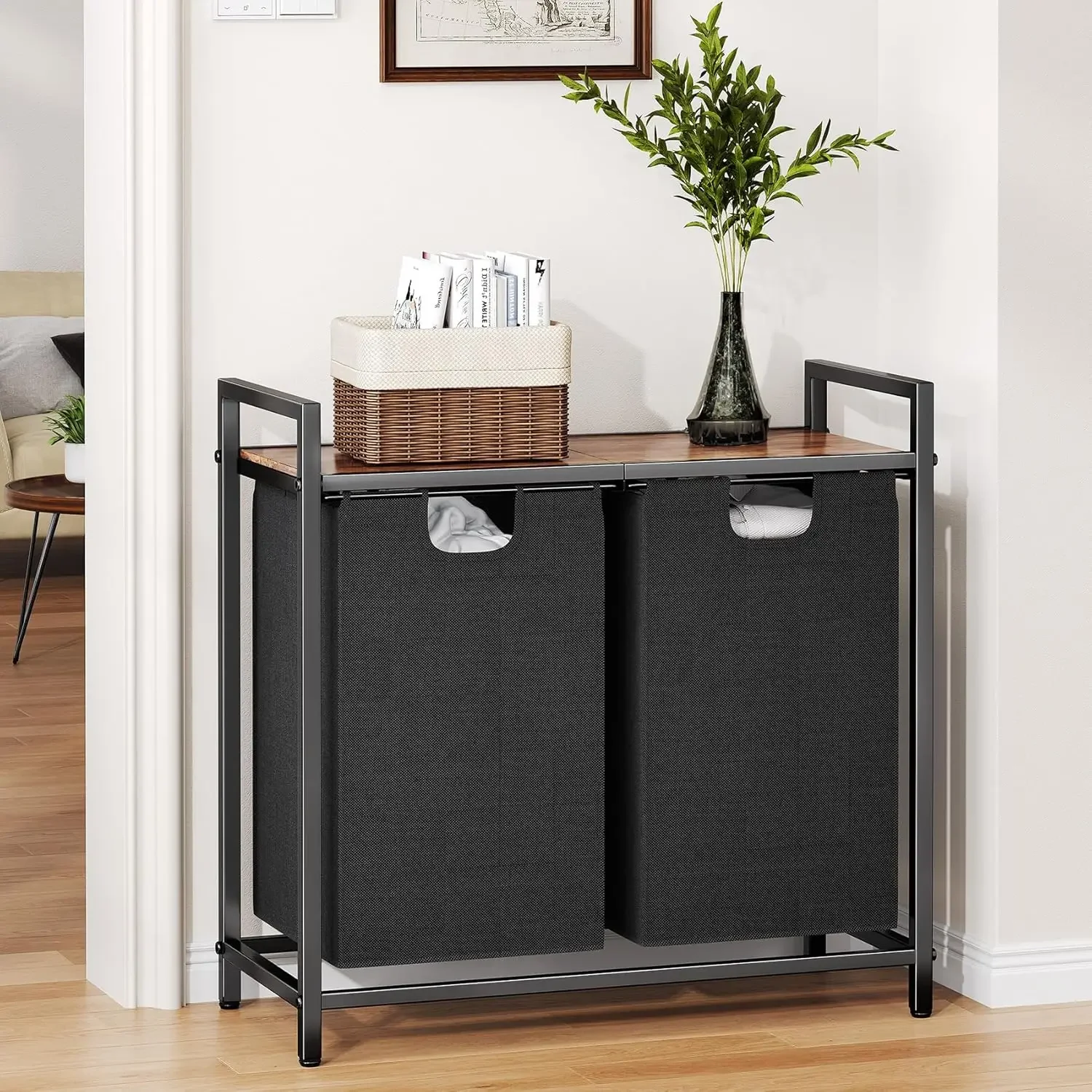 Laundry Basket Organizer, Laundry Hamper with Shelf & 2 Pull-Out Removable Bags, Dirty Clothes Hamper Organizer for Laundry Room 6