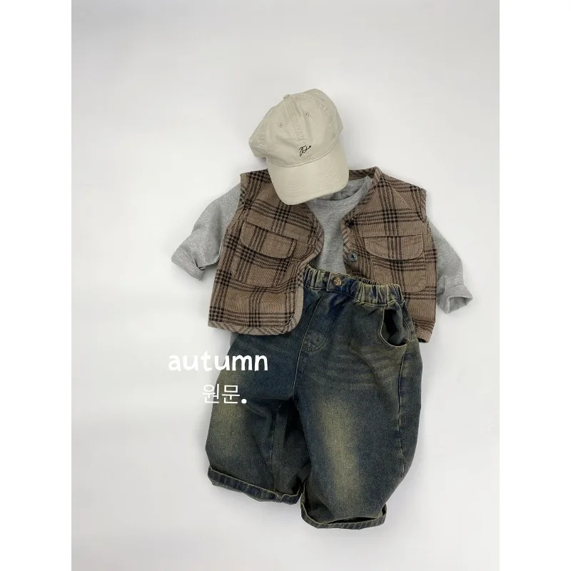 2025년 겨울 신상 아동 한국산 면 조끼 패션 캐주얼 데일리 심플 단색 라운드넥 민소매 자켓 남아 여아용