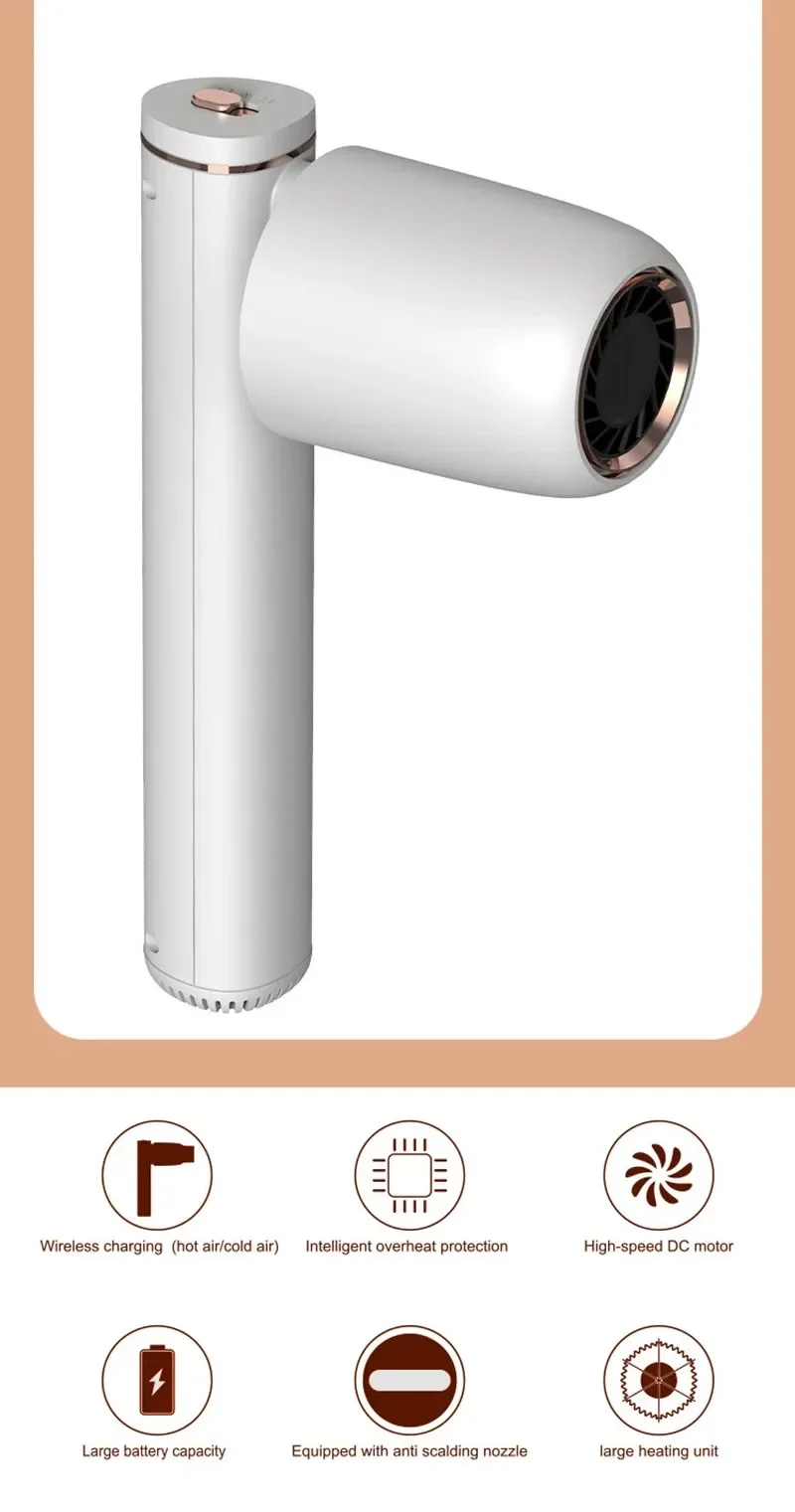 Cordless Powerful Wind Hair Dryer Hot & Cold Wind 400W Portable Lightweight Hair Blow Dryer Charging Base Concentrator Travel 6