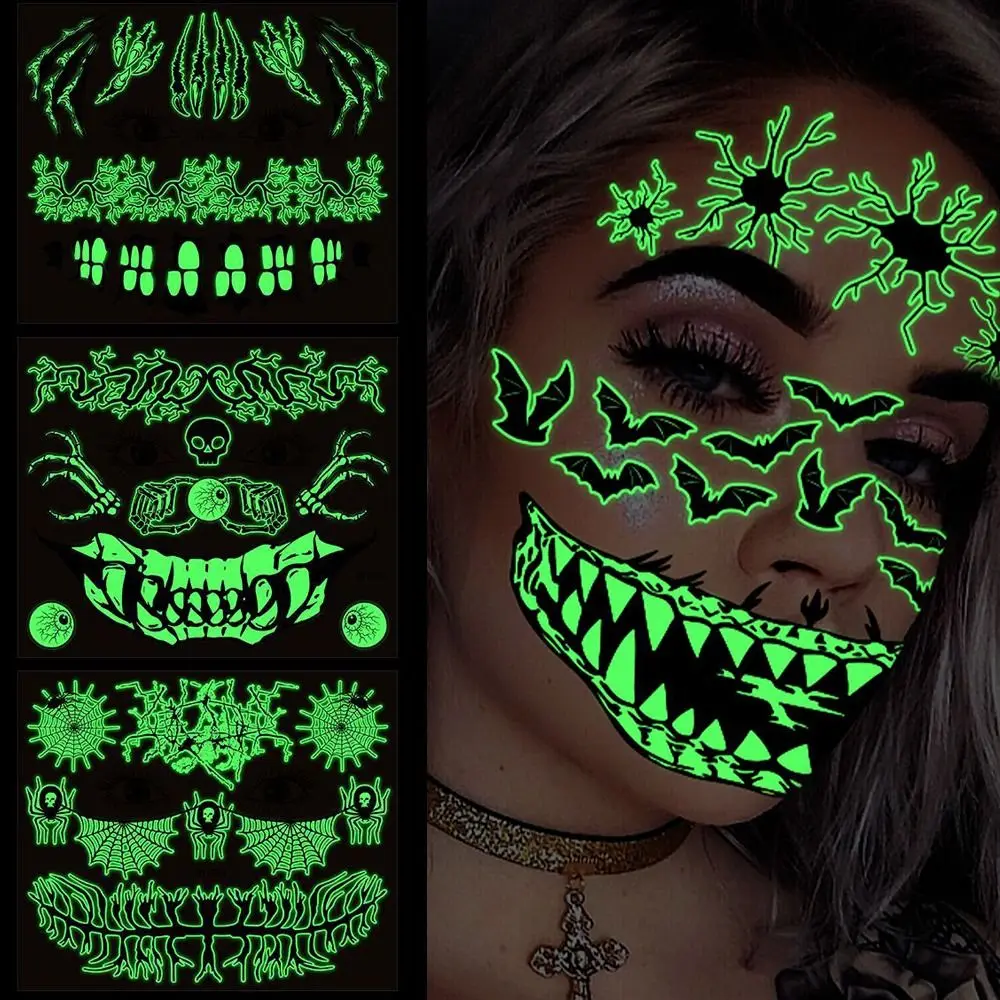 

Mouth Halloween Luminous Tattoo Sticker Glowing Scar Ghost Body Art Decals Green Cobwebs Water Transfer Stickers Face Wrist