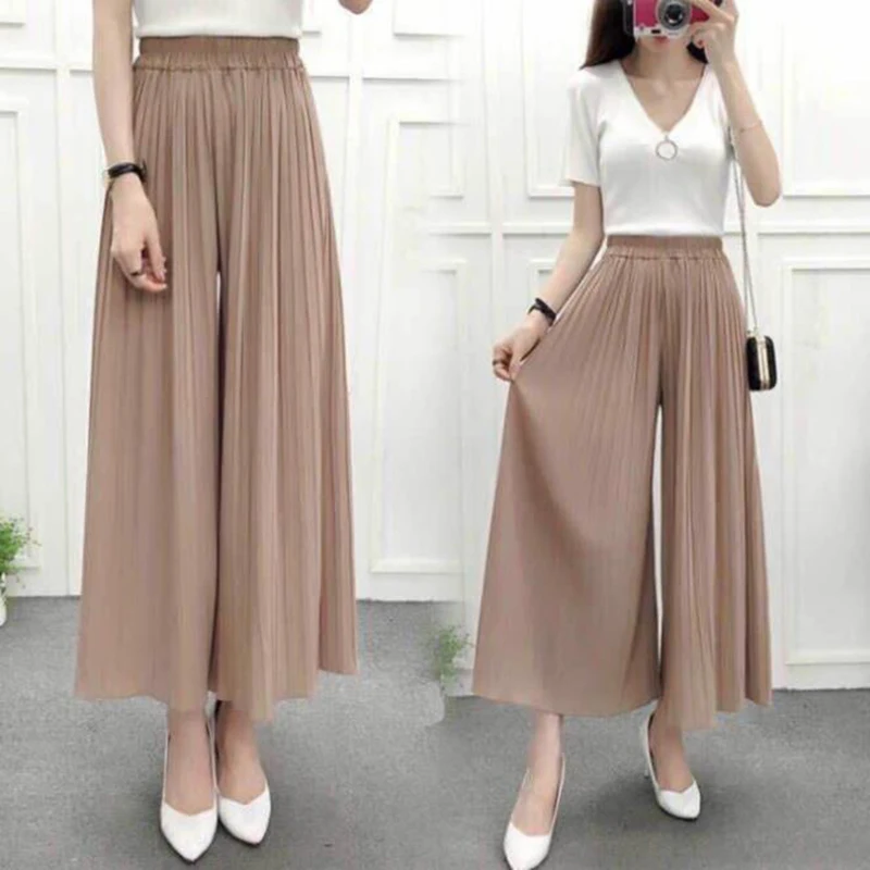 Summer Women's Pants Solid Color Pleated Pants Linen Wide Leg Pants Eight Points Low Waist Loose Street Casual Pants plus size capris