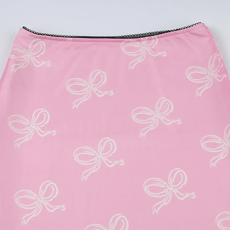Falda Y2K Fairycore para mujer, con estampado de lazo y ribete de encaje, de cintura baja, de malla, ajustada, estilo grunge de los años 2000, para fiestas y ropa de calle.