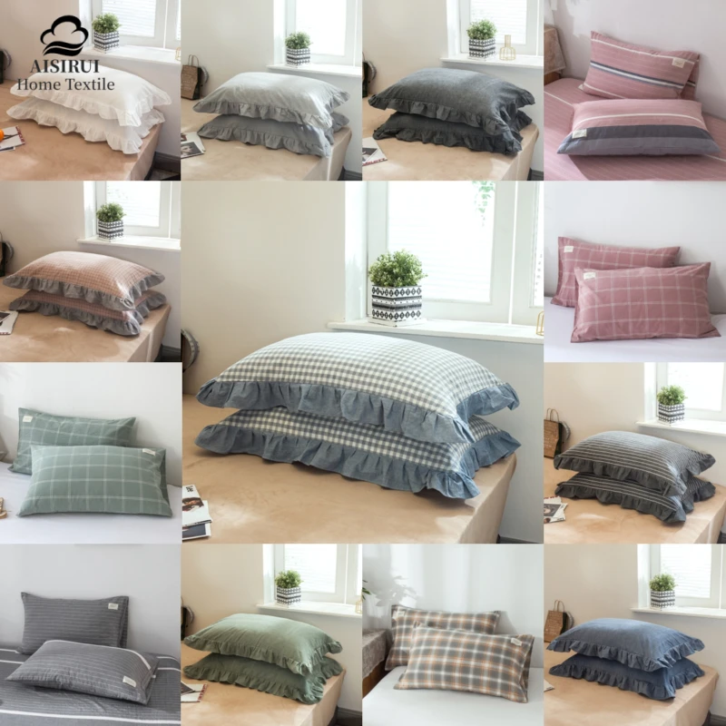 

100% Cotton Cushion Cover Pastoral Pure Cotton Thick Bedding Pillowcase Luxury Pillow Case Lace European Embroidery Ruffle 48x74