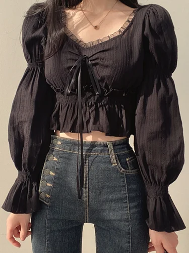 여성용 퍼프 소매 시폰 블라우스, 레이스업 프릴 셔츠, 우아한 한국 패션, 프레피 스타일, 스위트 탑, 레이디 2023, 여름 4