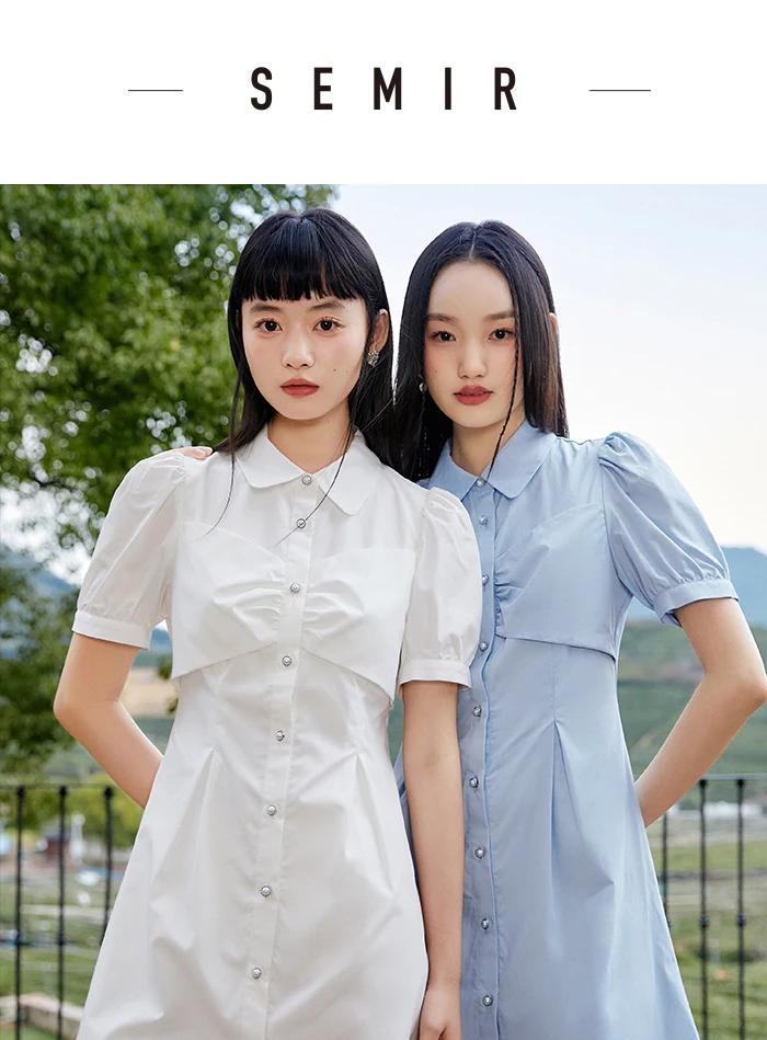 Dress Women Puff Sleeves Sweet Gentle Summer New Temperament Solid Color Exquisite Shirt Dress