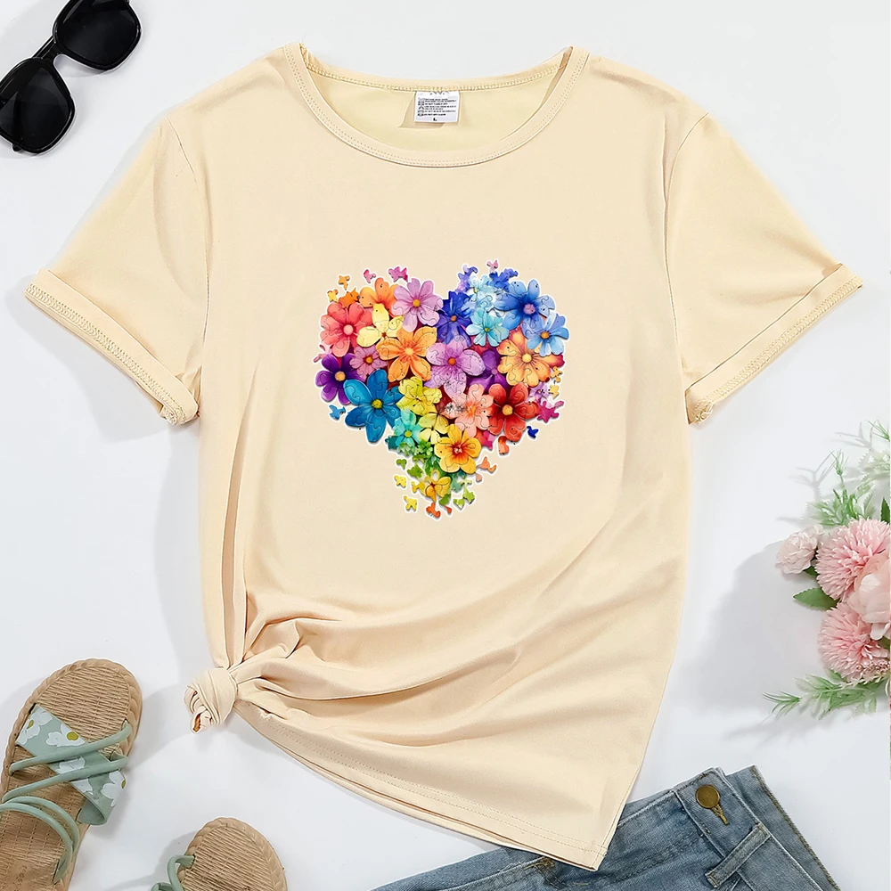 Women's T-shirt Flowers Heart Pattern Print Round Neck Summer Casual Streetwear Female Clothing Top Tees Comfortable Breathable