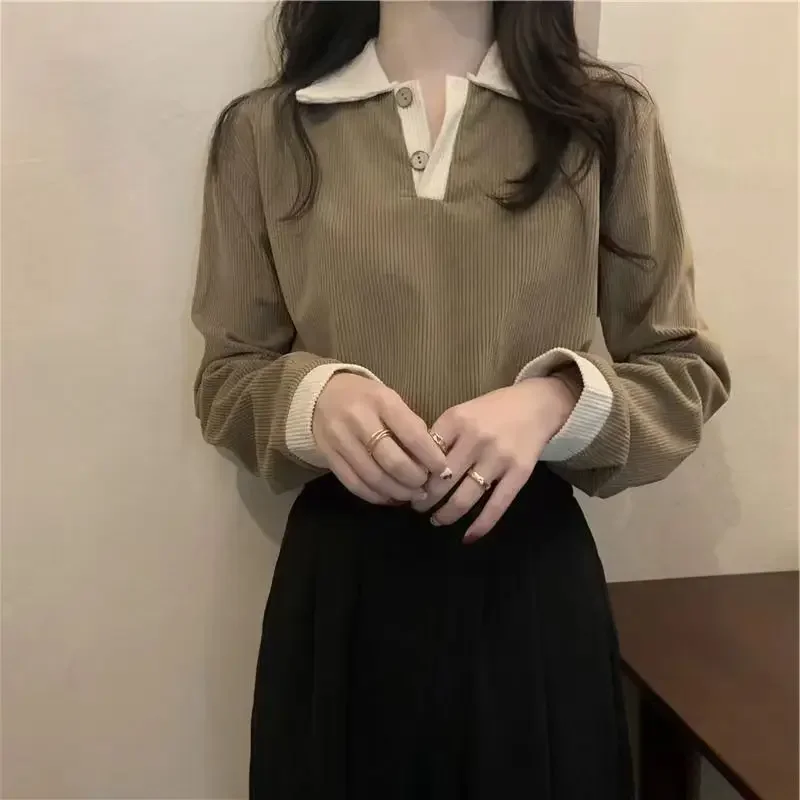 Casual Women T-shirts Korean Fashion Sweet Preppy Style Tops Female Autumn Long Sleeve Turn Down Collar Basic Pullovers Tees 6