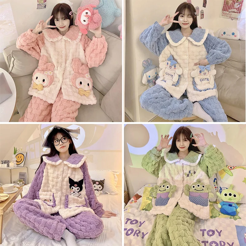

New Cartoon Sanrios Anime Kuromi My Melody Cinnamoroll Thickened Pajamas Kawaii Ins Winter Coral Flannel Plush Warm Homewear Set