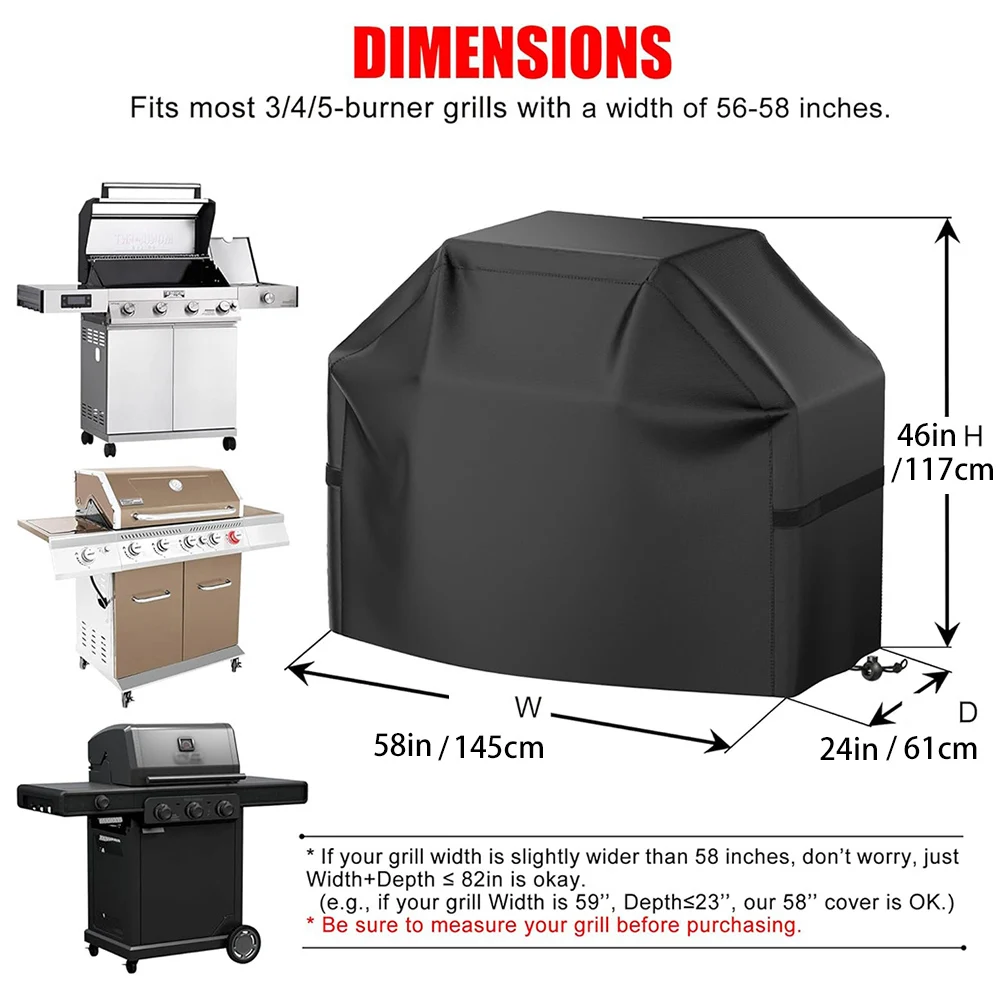 58 inch BBQ Gas Grill Cover for Outdoor Grill, Waterproof, Rip-Proof with Hook-and-Loop Straps & Adjustable Hem Drawstring
