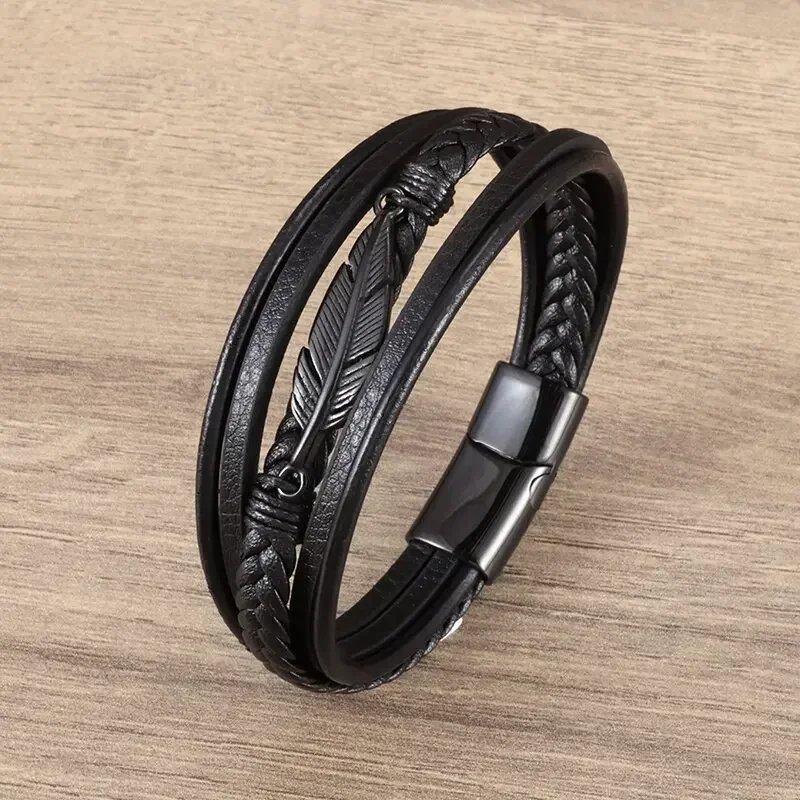 Classic Multi-layered Leather Feather Metal Buckle Bracelet Men's Business Casual Party Jewelry Gifts leather braided bracelet leather bracelet
