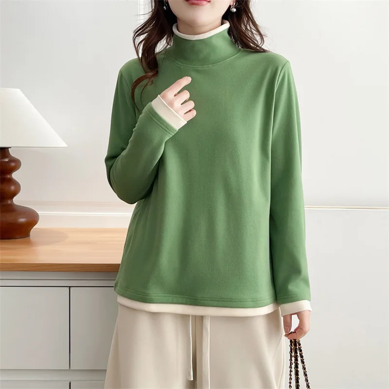 XXXXL Fashion Plus Size Woman Clothing T-Shirt Autumn Winter Simple Color Blocked High Neck DE Velvet Warm Long Sleeve Tops 2587