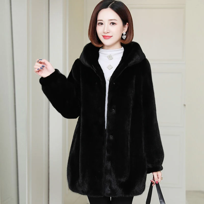 casual imitation mink velvet winter coat women vintage midi length faux fur hooded jacket snow wear warm loose outwear plus size
