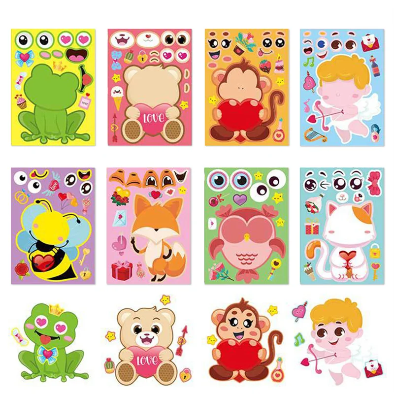 8Pcs Animal Sticker Emotions Cards Puzzle Diy Sticker Books Set for Kids Toddlers Cute Cartoon Decorative Sticker Kid Toys Gifts 6