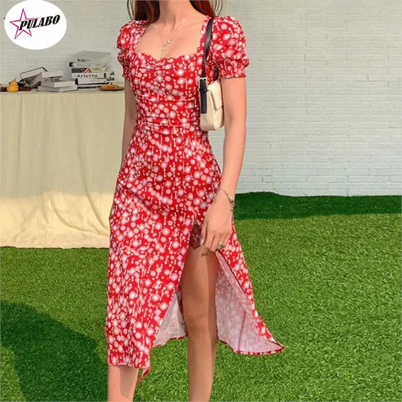 

Женское винтажное платье-миди с разрезом, цветочным принтом и квадратным вырезом