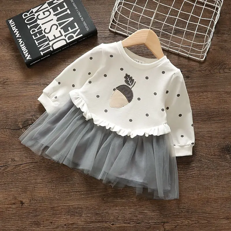 

Spliced Tulle Dress Girl's Spring Autumn Cotton Long Sleeved Cartoon Prints Pullover Sweet Gauze Skirt Ruffle Edge Design Dress