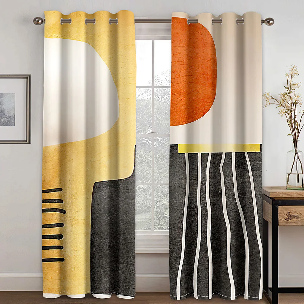 2 Pcs Abstract Art Curtains Black White Grey Circles Stripes Modern Nordic Style Living Room Bedroom Window Decoration Curtains 5