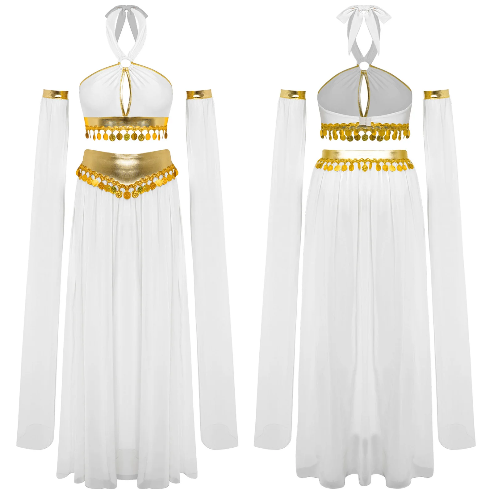 Women Cleopatra Cosplay Costume Ancient Rome Egyptian Dresses Crop Top and Split Skirt Sleeves Set for Halloween Role Play Party