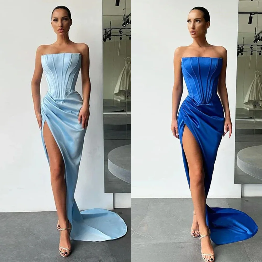 

Elegant Strapless Sheath Prom Dresses Fold Hugging Satin Floor length Evening Simple فساتين سهره فاخره vestidos de noch