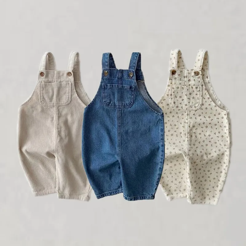 New Autumn Baby Boy Solid Casual Overalls Girls Children Floral Suspenders Jumpsuit Kid Loose Cotton Denim Pants Infant Trouser 4