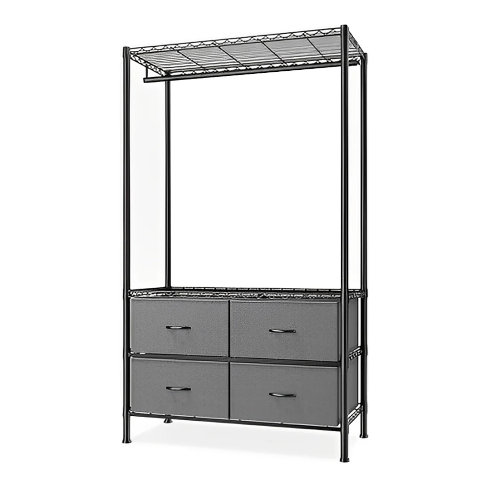 Metal Clothing Rack with 4 Large Fabric Drawers Clothes Hanging Rack on The Ground Adjustable Shelves Hanging Rack for Bedroom