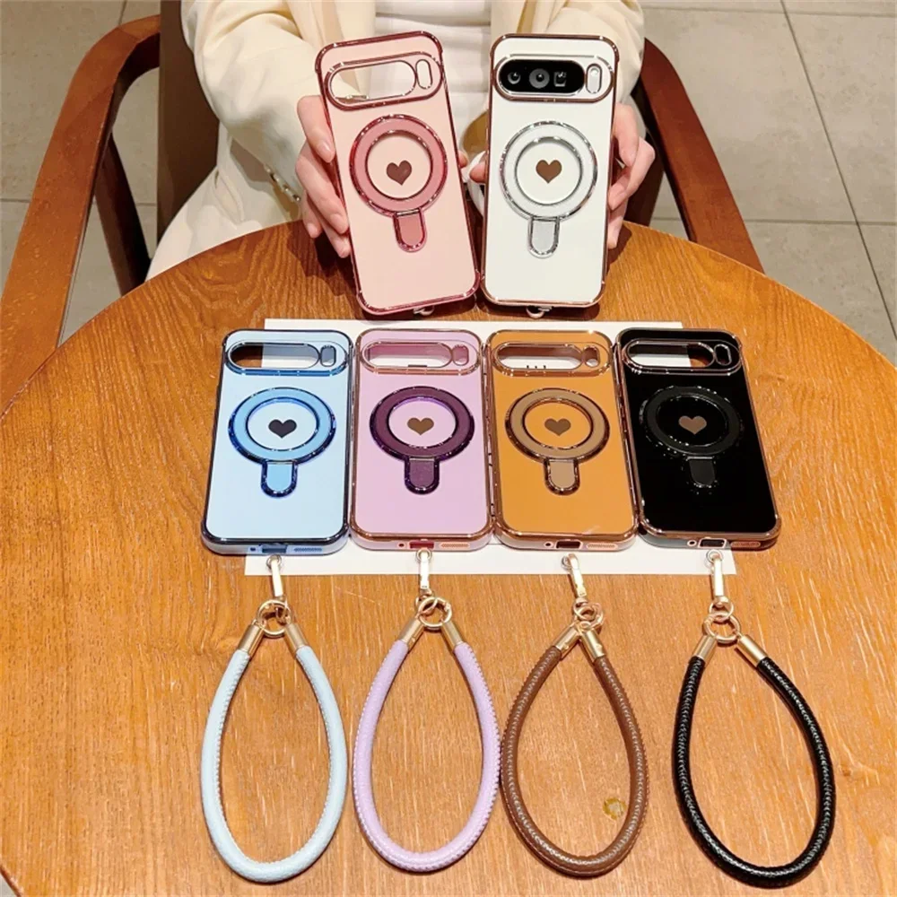 Cute Love Heart Wrist Strap Bracket Case For Google Pixel 8 9 10 Pro XL 9A 8A 7A Ring Holder Stand Lanyard Plating Soft_voghion.com