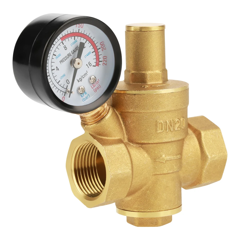 Water Pressure Regulator Brass Pressure Regulator DN20 Brass Adjustable Water Reducer Gauge Meter