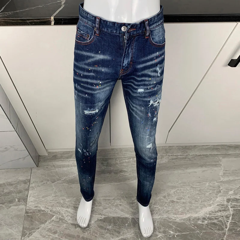 

Street Fashion Men Jeans High Quality Retro Blue Stretch Slim Fit Ripped Jeans Men Painted Designer Hip Hop Brand Pants Hombre